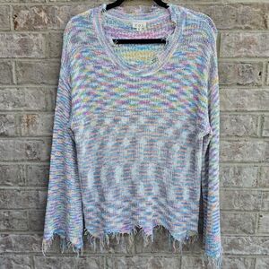 POL Womens Knit Sweater Boho Pastel Rainbow Cottagecore Fringe Oversized Small